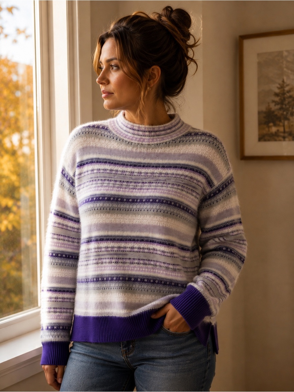 Talbots Fuzzy Striped Sweater Small Purple Gray White Mock Neck Split Hem